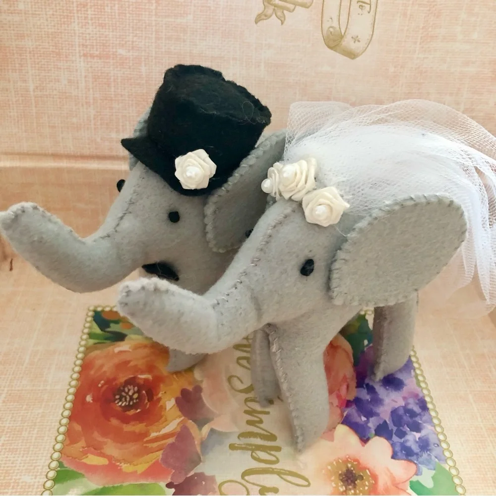Gray Felt Bride Groom Elephant Wedding Cake Toppers